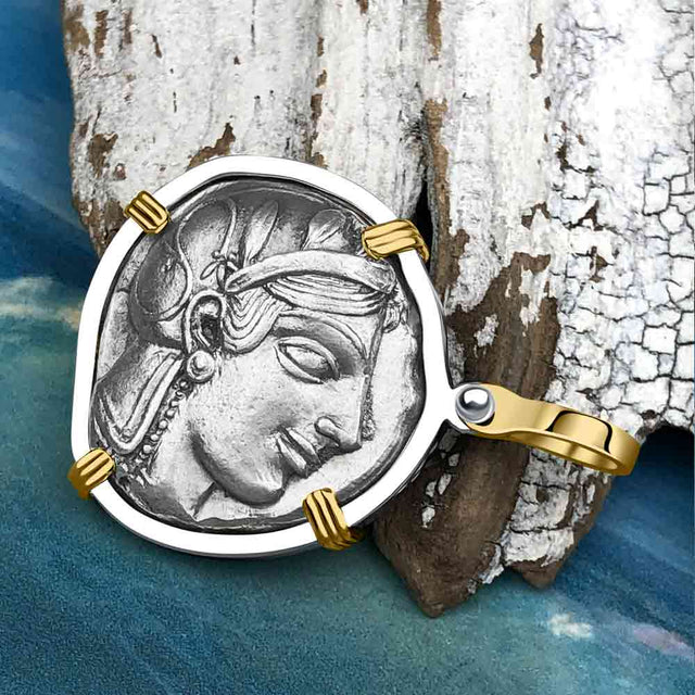 Ancient Greek Athena and the Owl Silver Tetradrachm circa 450 BC 14K Gold and Sterling Silver Pendant