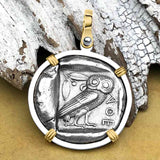 Ancient Greek Athena and the Owl Silver Tetradrachm circa 450 BC 14K Gold and Sterling Silver Pendant