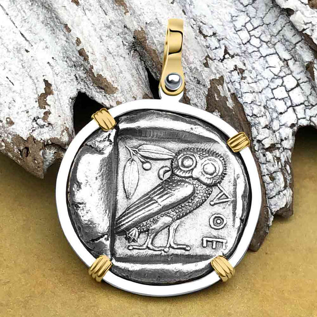 Ancient Greek Athena and the Owl Silver Tetradrachm circa 450 BC 14K Gold and Sterling Silver Pendant
