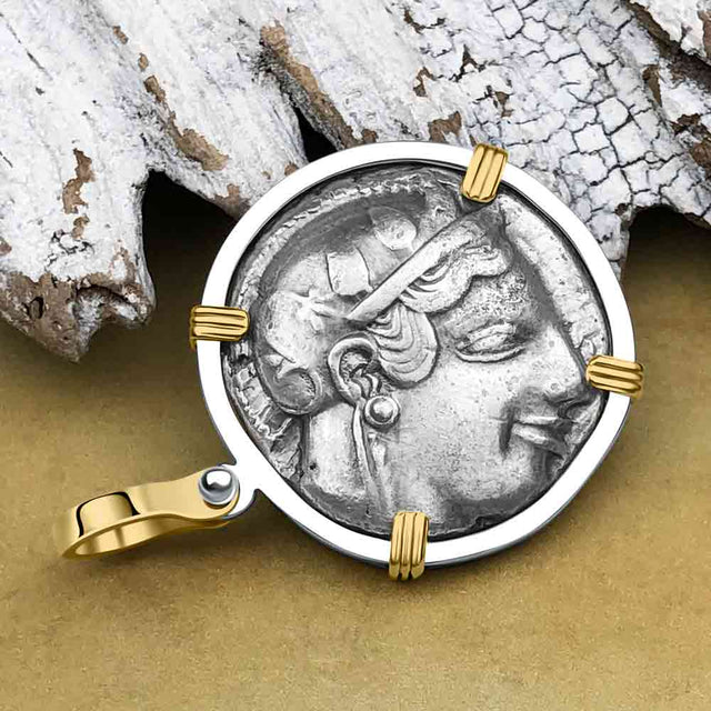Ancient Greek Athena and the Owl Silver Tetradrachm circa 450 BC 14K Gold and Sterling Silver Pendant