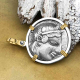 Ancient Greek Athena and the Owl Silver Tetradrachm circa 450 BC 14K Gold and Sterling Silver Pendant