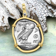 Ancient Greek Athena and the Owl Silver Tetradrachm circa 450 BC RARE Zero-Die 14K Gold Pendant