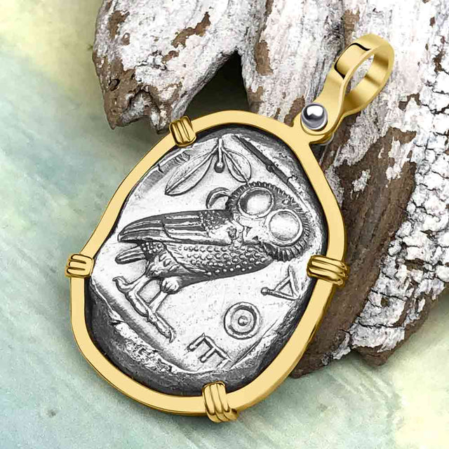 Ancient Greek Athena and the Owl Silver Tetradrachm circa 450 BC RARE Zero-Die 14K Gold Pendant