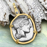 Ancient Greek Athena and the Owl Silver Tetradrachm circa 450 BC RARE Zero-Die 14K Gold Pendant