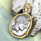 Ancient Greek Athena and the Owl Silver Tetradrachm circa 450 BC RARE Zero-Die 14K Gold Pendant