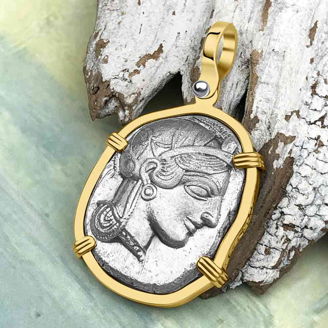 Ancient Greek Athena and the Owl Silver Tetradrachm circa 450 BC RARE Zero-Die 14K Gold Pendant