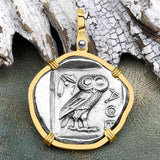 Ancient Greek Athena and the Owl Silver Tetradrachm circa 450 BC 14K Gold Pendant