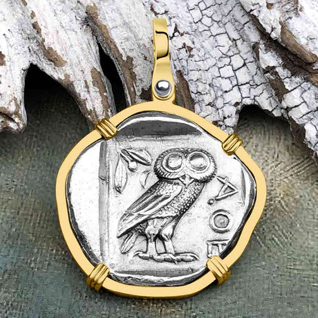Ancient Greek Athena and the Owl Silver Tetradrachm circa 450 BC 14K Gold Pendant