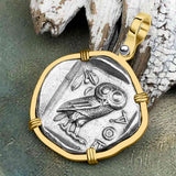 Ancient Greek Athena and the Owl Silver Tetradrachm circa 450 BC 14K Gold Pendant