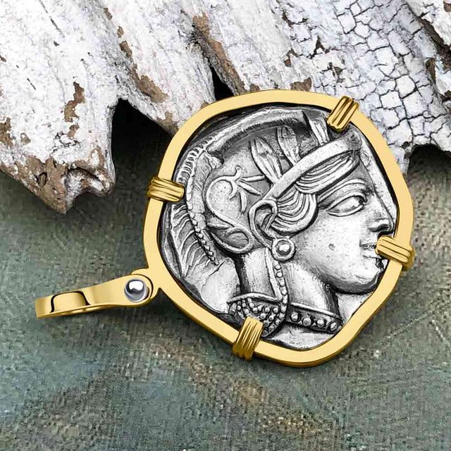 Ancient Greek Athena and the Owl Silver Tetradrachm circa 450 BC 14K Gold Pendant