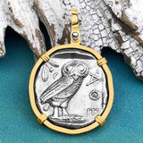 Ancient Greek Athena and the Owl Silver Tetradrachm circa 450 BC 14K Gold Pendant