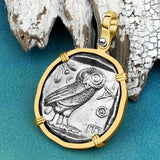 Ancient Greek Athena and the Owl Silver Tetradrachm circa 450 BC 14K Gold Pendant