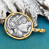Ancient Greek Athena and the Owl Silver Tetradrachm circa 450 BC 14K Gold Pendant