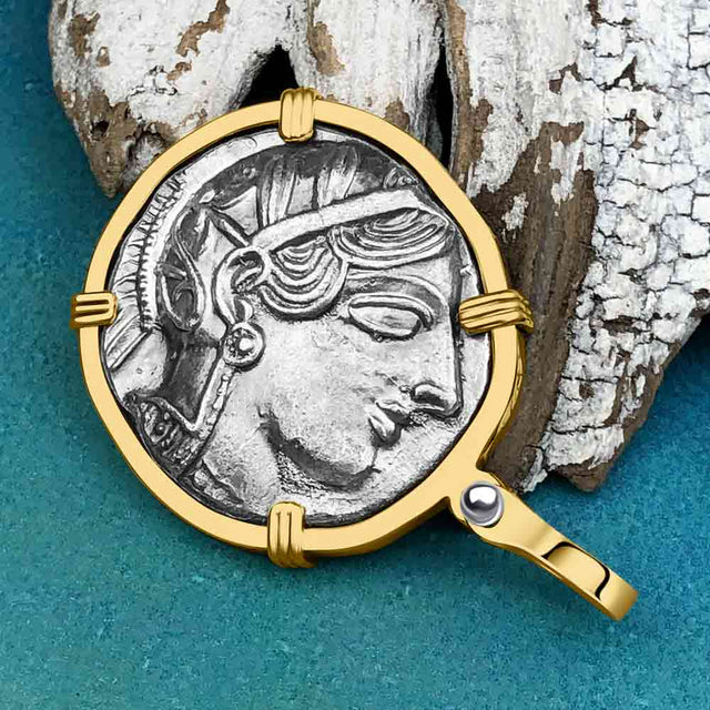 Ancient Greek Athena and the Owl Silver Tetradrachm circa 450 BC 14K Gold Pendant