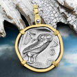 Ancient Greek Athena and the Owl Silver Tetradrachm circa 450 BC 14K Gold Pendant