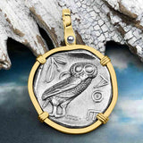 Ancient Greek Athena and the Owl Silver Tetradrachm circa 450 BC 14K Gold Pendant