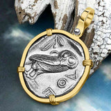 Ancient Greek Athena and the Owl Silver Tetradrachm circa 450 BC 14K Gold Pendant