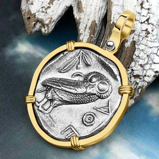 Ancient Greek Athena and the Owl Silver Tetradrachm circa 450 BC 14K Gold Pendant