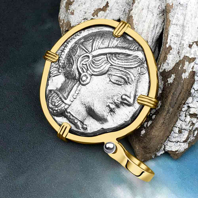 Ancient Greek Athena and the Owl Silver Tetradrachm circa 450 BC 14K Gold Pendant