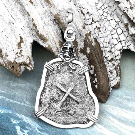 1669 Consolacion Shipwreck Skull and Cross Bones Spanish 1 Reale Piece of 8 Sterling Silver Pendant