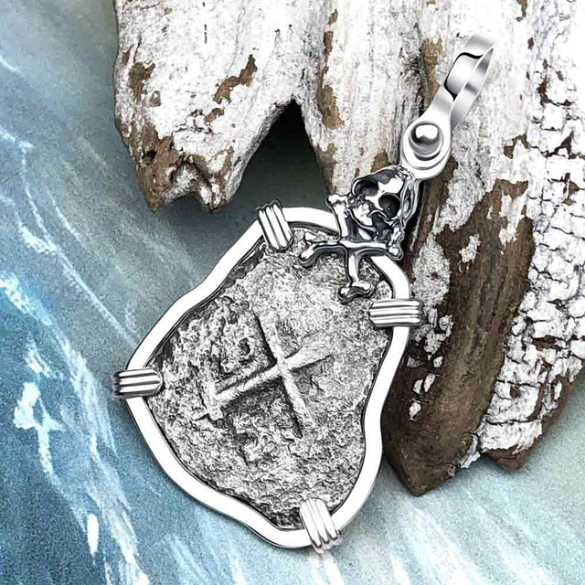 1669 Consolacion Shipwreck Skull and Cross Bones Spanish 1 Reale Piece of 8 Sterling Silver Pendant