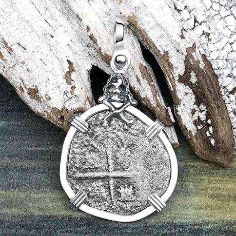 1640s Consolacion Shipwreck Skull and Cross Bones Spanish 1 Reale Piece of 8 Sterling Silver Pendant