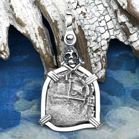 1673 Consolacion Shipwreck Skull and Cross Bones Spanish 1 Reale Piece of 8 Sterling Silver Pendant