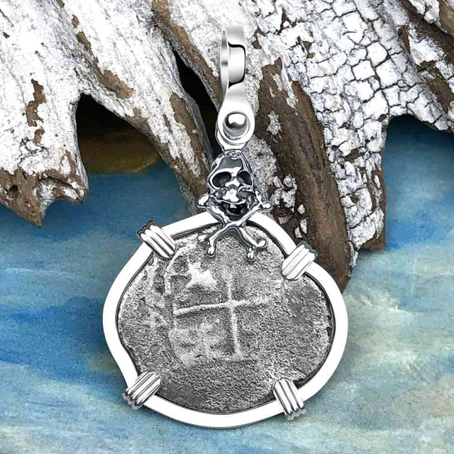 1674 Consolacion Shipwreck Skull and Cross Bones Spanish 1 Reale Piece of 8 Sterling Silver Pendant | Artifact #4939