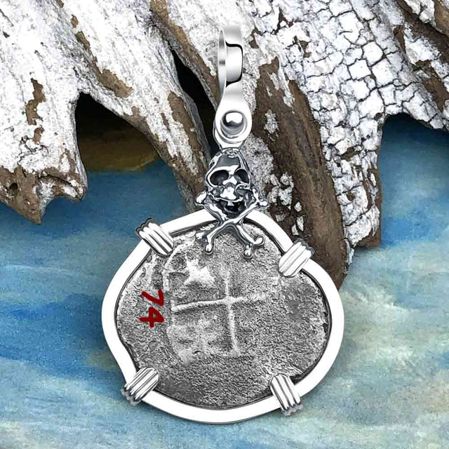 1674 Consolacion Shipwreck Skull and Cross Bones Spanish 1 Reale Piece of 8 Sterling Silver Pendant | Artifact #4939