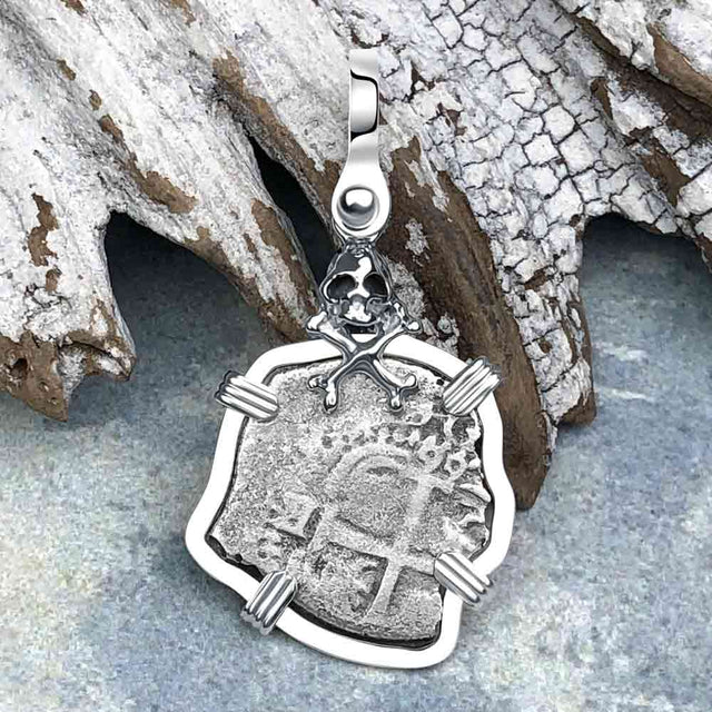 1666 Consolacion Shipwreck Skull and Cross Bones Spanish 1 Reale Piece of 8 Sterling Silver Pendant