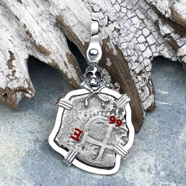 1666 Consolacion Shipwreck Skull and Cross Bones Spanish 1 Reale Piece of 8 Sterling Silver Pendant