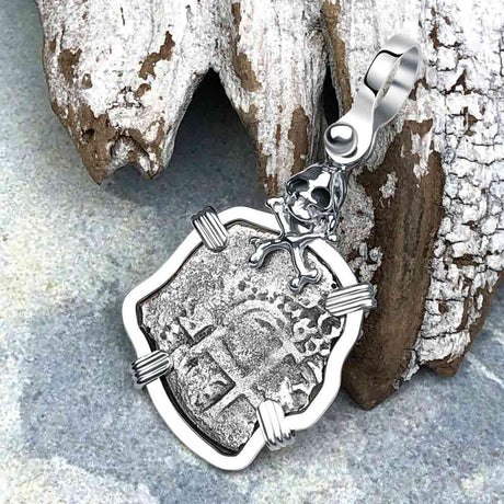 1666 Consolacion Shipwreck Skull and Cross Bones Spanish 1 Reale Piece of 8 Sterling Silver Pendant