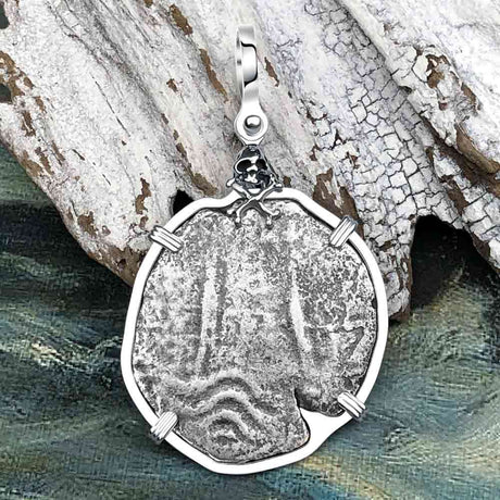 1670s Consolacion Shipwreck Skull and Cross Bones 8 Reale Cob Piece of 8 Sterling Silver Pendant