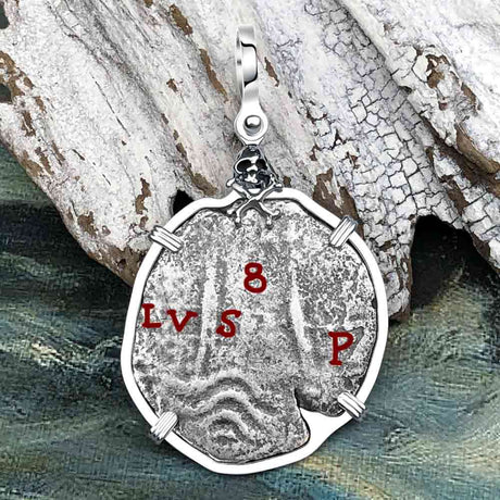 1670s Consolacion Shipwreck Skull and Cross Bones 8 Reale Cob Piece of 8 Sterling Silver Pendant