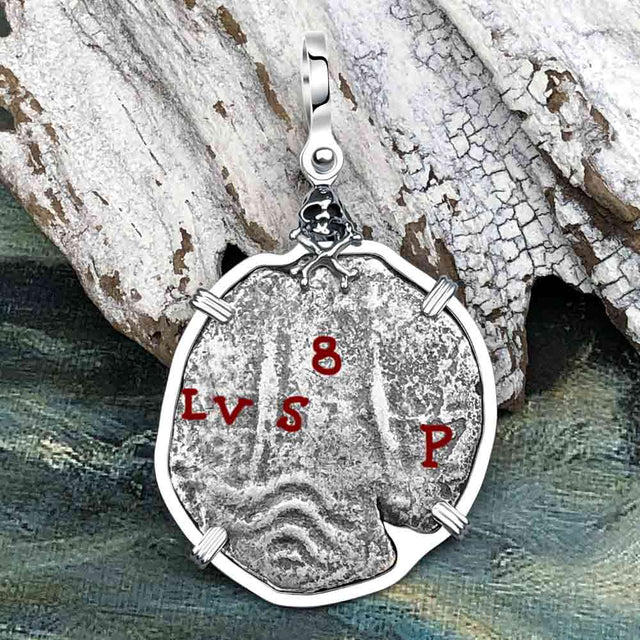 1670s Consolacion Shipwreck Skull and Cross Bones 8 Reale Cob Piece of 8 Sterling Silver Pendant