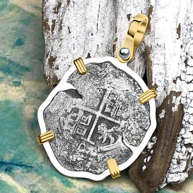 1663 Consolacion Shipwreck Pirate Era Spanish 2 Reale Piece of Eight 14K Gold & Sterling Silver Pendant