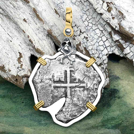 1670s Consolacion Shipwreck Skull and Cross Bones Spanish 4 Reale Piece of Eight 14K Gold & Sterling Silver Pendant