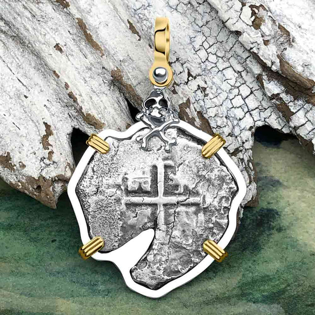 1670s Consolacion Shipwreck Skull and Cross Bones Spanish 4 Reale Piece of Eight 14K Gold & Sterling Silver Pendant