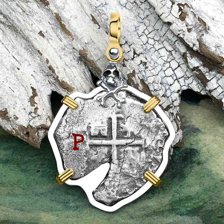 1670s Consolacion Shipwreck Skull and Cross Bones Spanish 4 Reale Piece of Eight 14K Gold & Sterling Silver Pendant