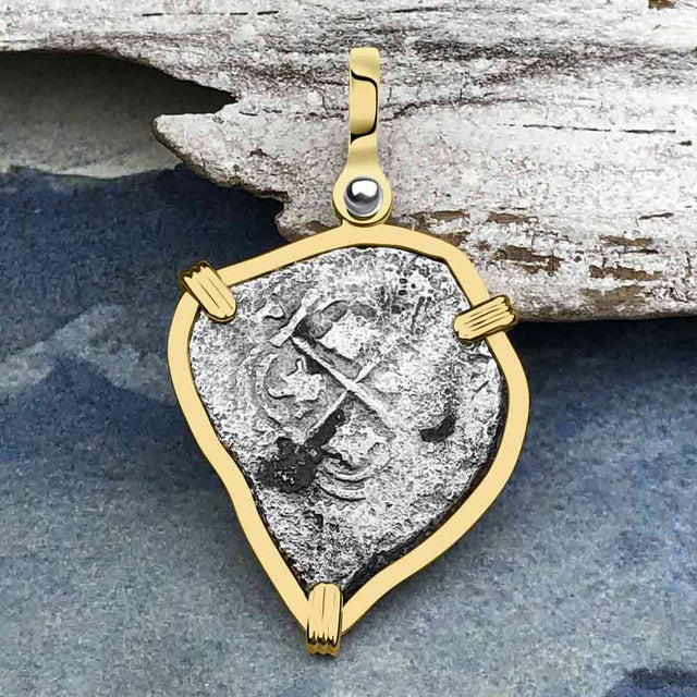 Heart Shaped 1661 Consolacion Shipwreck Pirate Era Spanish 1 Reale Piece of Eight 14K Gold Pendant