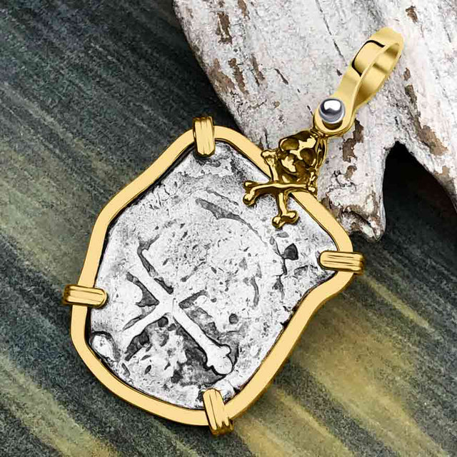 1715 Fleet Shipwreck Skull and Cross Bones Spanish 4 Reale Piece of 8 14K Gold Pendant