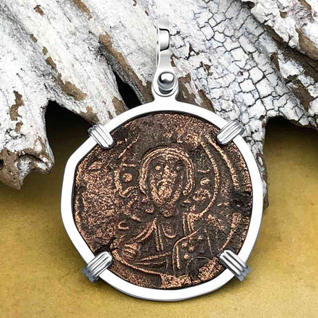Byzantine Bronze Follis Coin Jesus Christ King of Kings Sterling Silver Pendant