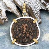 Byzantine Bronze Follis Coin Jesus Christ King of Kings 14K Gold and Sterling Silver Pendant