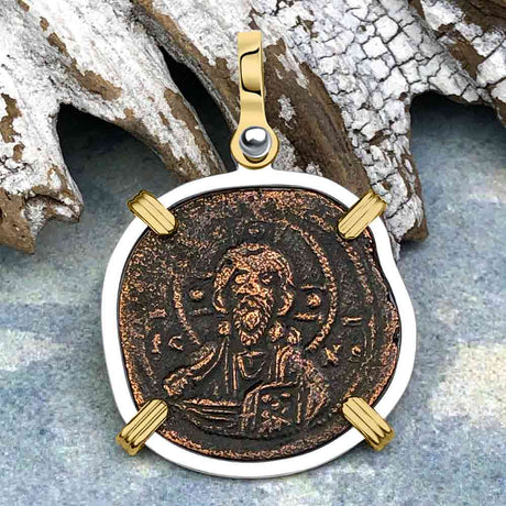 Byzantine Bronze Follis Coin Jesus Christ King of Kings 14K Gold and Sterling Silver Pendant