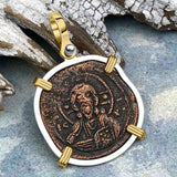 Byzantine Bronze Follis Coin Jesus Christ King of Kings 14K Gold and Sterling Silver Pendant