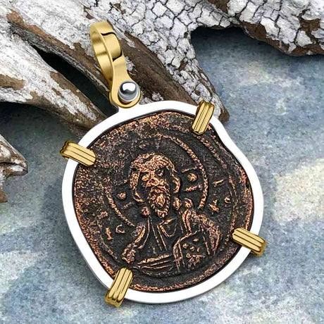Byzantine Bronze Follis Coin Jesus Christ King of Kings 14K Gold and Sterling Silver Pendant