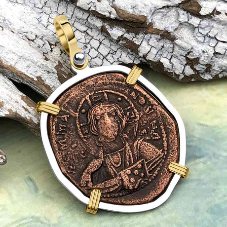 Byzantine Bronze Follis Coin Jesus Christ King of Kings 14K Gold and Sterling Silver Pendant