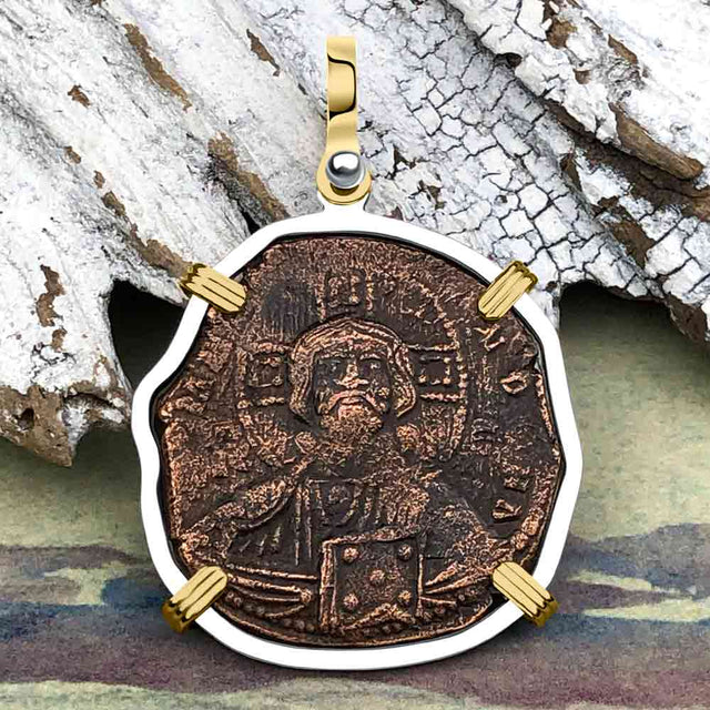Byzantine Bronze Follis Coin Jesus Christ King of Kings 14K Gold and Sterling Silver Pendant