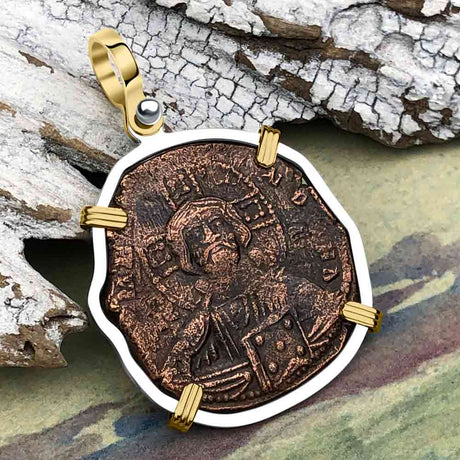 Byzantine Bronze Follis Coin Jesus Christ King of Kings 14K Gold and Sterling Silver Pendant