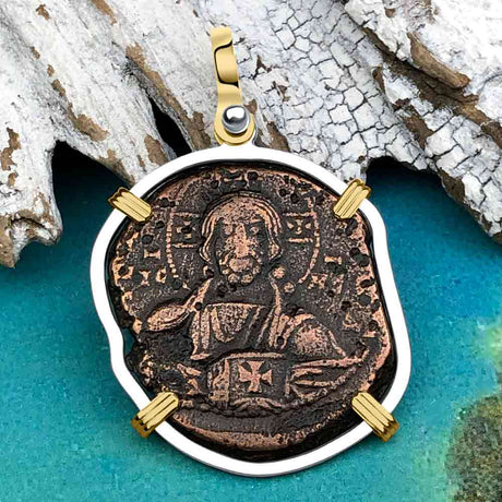 Byzantine Bronze Follis Coin Jesus Christ King of Kings 14K Gold and Sterling Silver Pendant